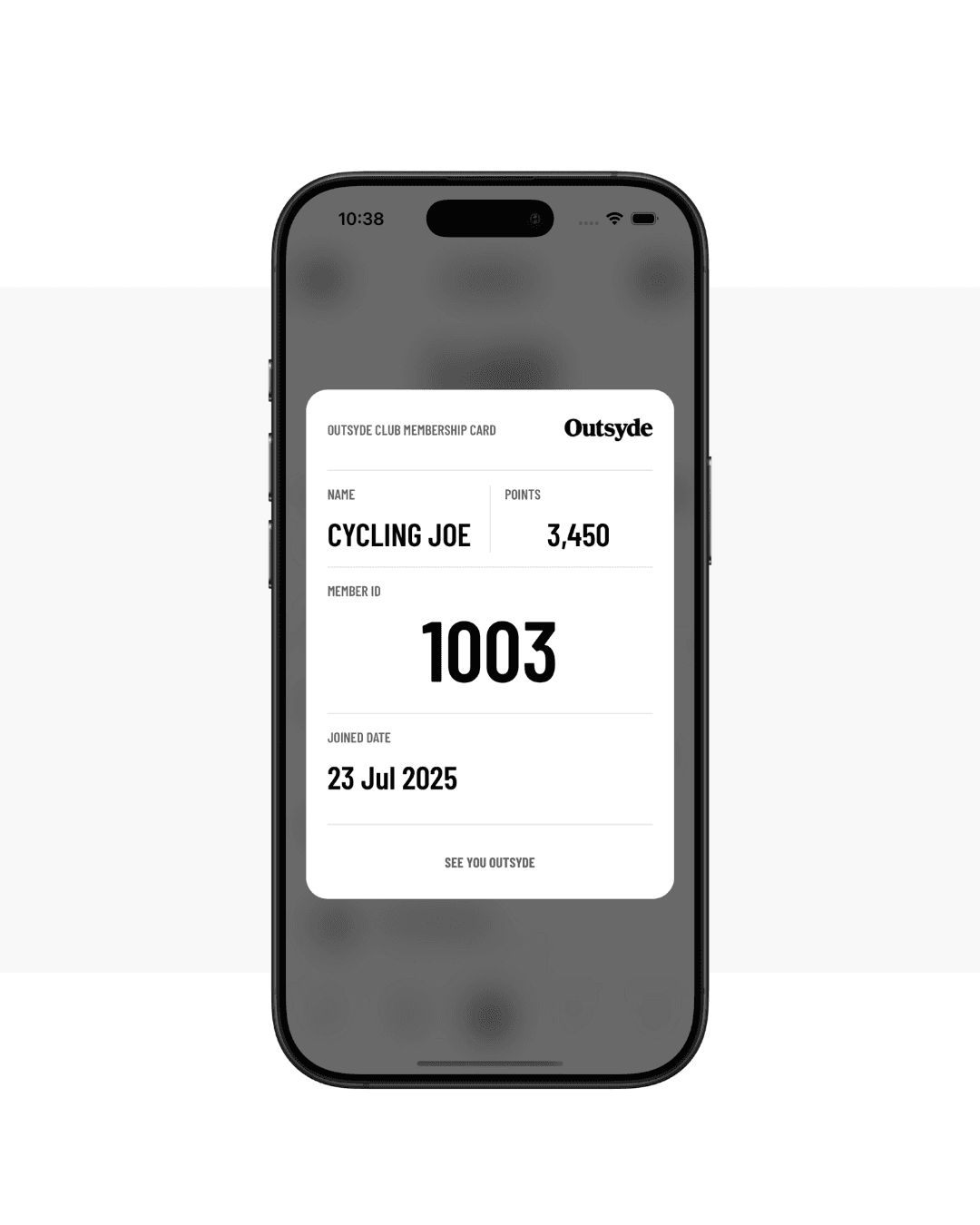 Outsyde Application Membership Card Page screenshot